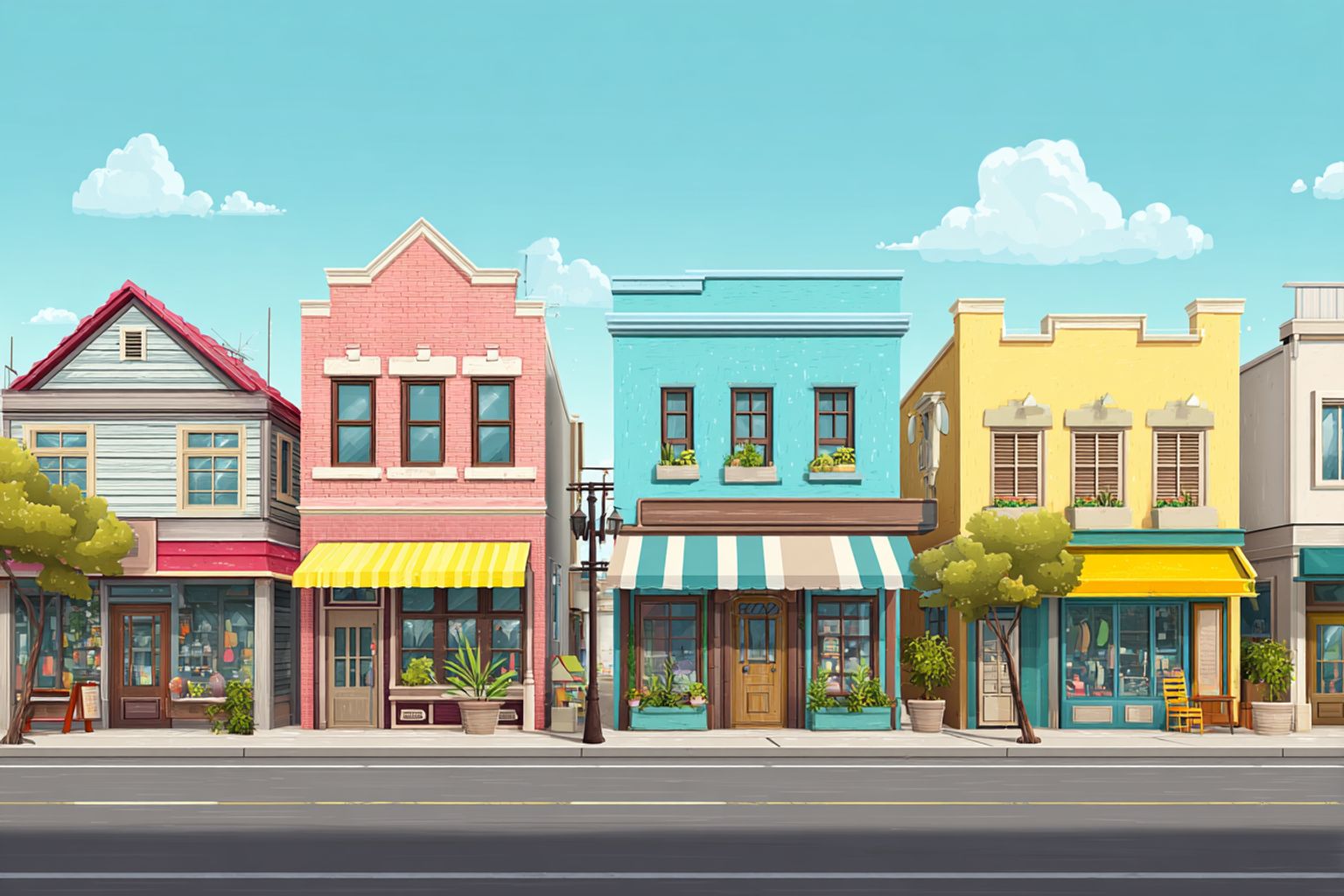 Downtown Rubberdale with friendly buildings inviting exploration and creative play