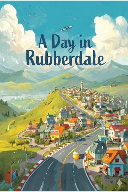 An overhead shot of Rubberdale and it's surrounding landscape, and the title "A Day in Rubberdale"