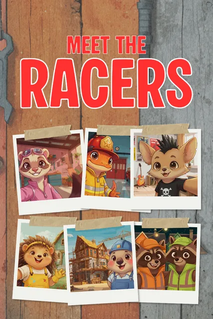 A group of colorful animal racers from Rubberdale lined up together, each with a distinct expression showing a different feeling