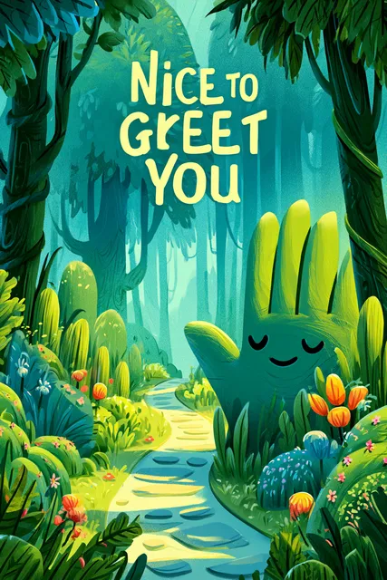 A path with a silly looking plant hand with a face saying hello, as if to greet a traveller on a path in a fantasy world