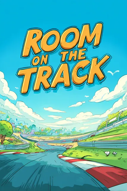 A winding racing track with tire marks, bright colors, and room for many racers side by side