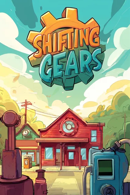 Colorful gears and the title in front of a gas station