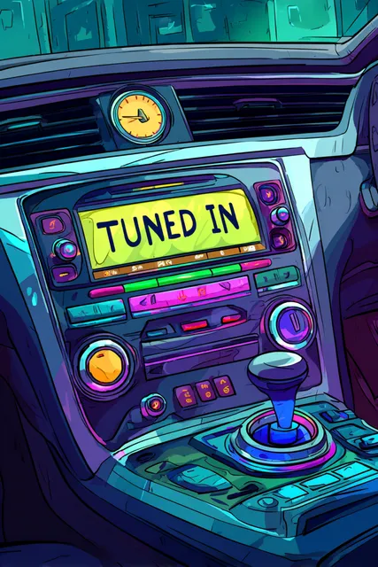 Looking at the center console of a car with the radio "Tuned In"