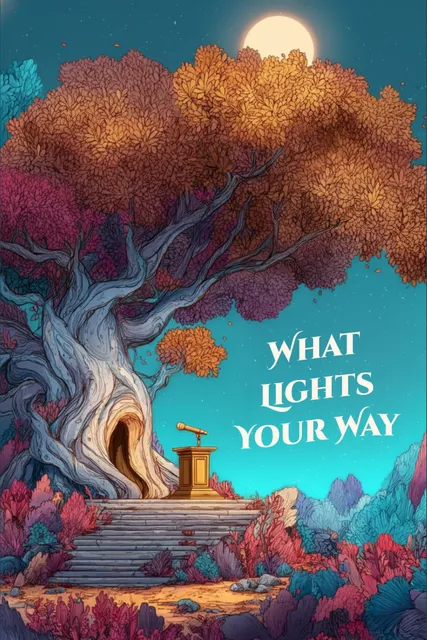 The cover of "What Lights Your Way", set at The Great Tree, a magical tree with white bark, and a golden podium